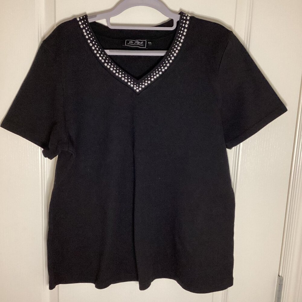Instyle Women's Short Sleeve Top Blouse With Studs Black T-Shirt Tee Casual